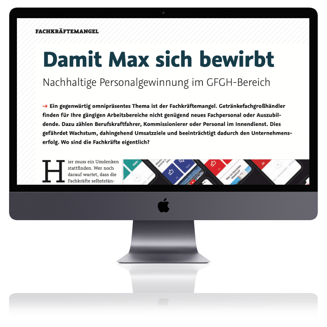 Anzeigenbild in einem iMac Mockup zum Zeitungsartikel in der Fachzeitschrift Getränke.Gross.Handeln. über daas Social Recruiting der Coconut Heads