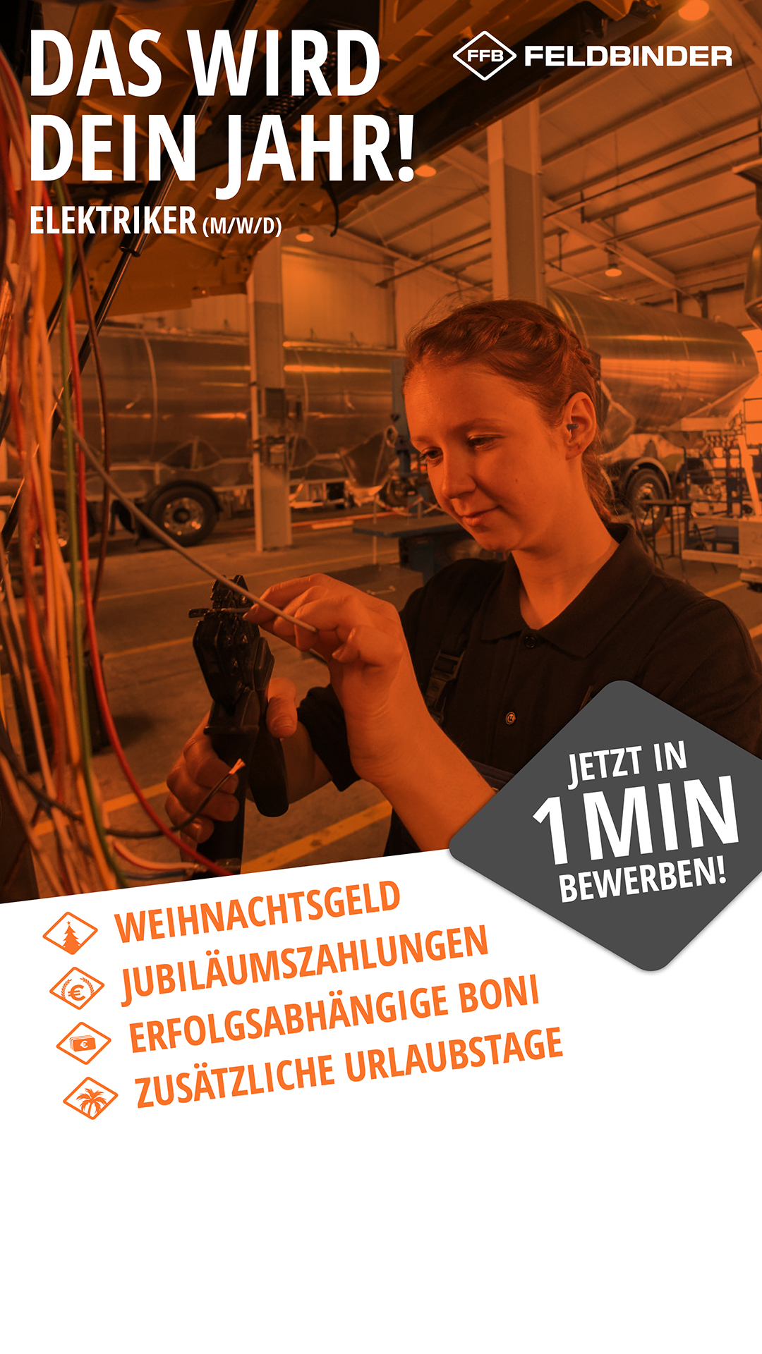 Stellenanzeige für Elektriker bei Feldbinder, Mitarbeiterin bei der Arbeit, "Das wird dein Jahr!", Schnellbewerbung