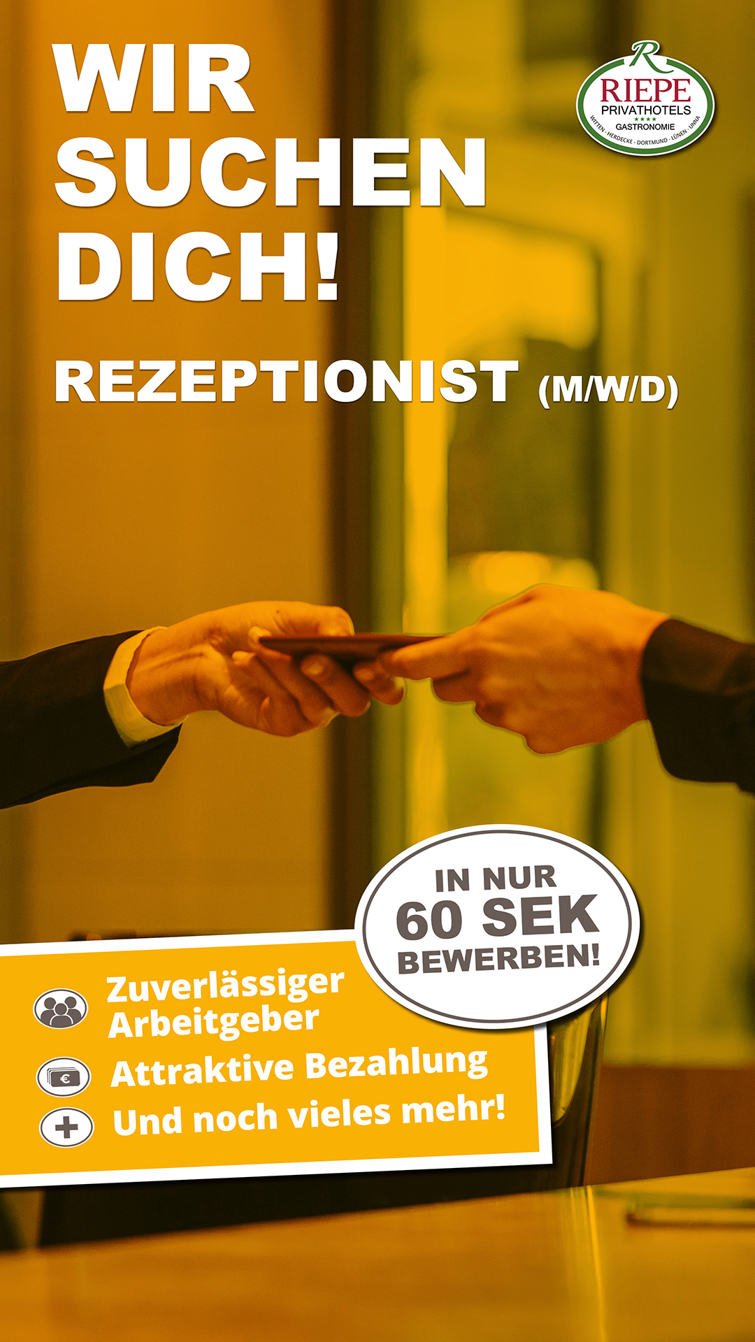 Stellenanzeige, Hände tauschen Karte, Text "Wir suchen dich! Rezeptionist (m/w/d)"