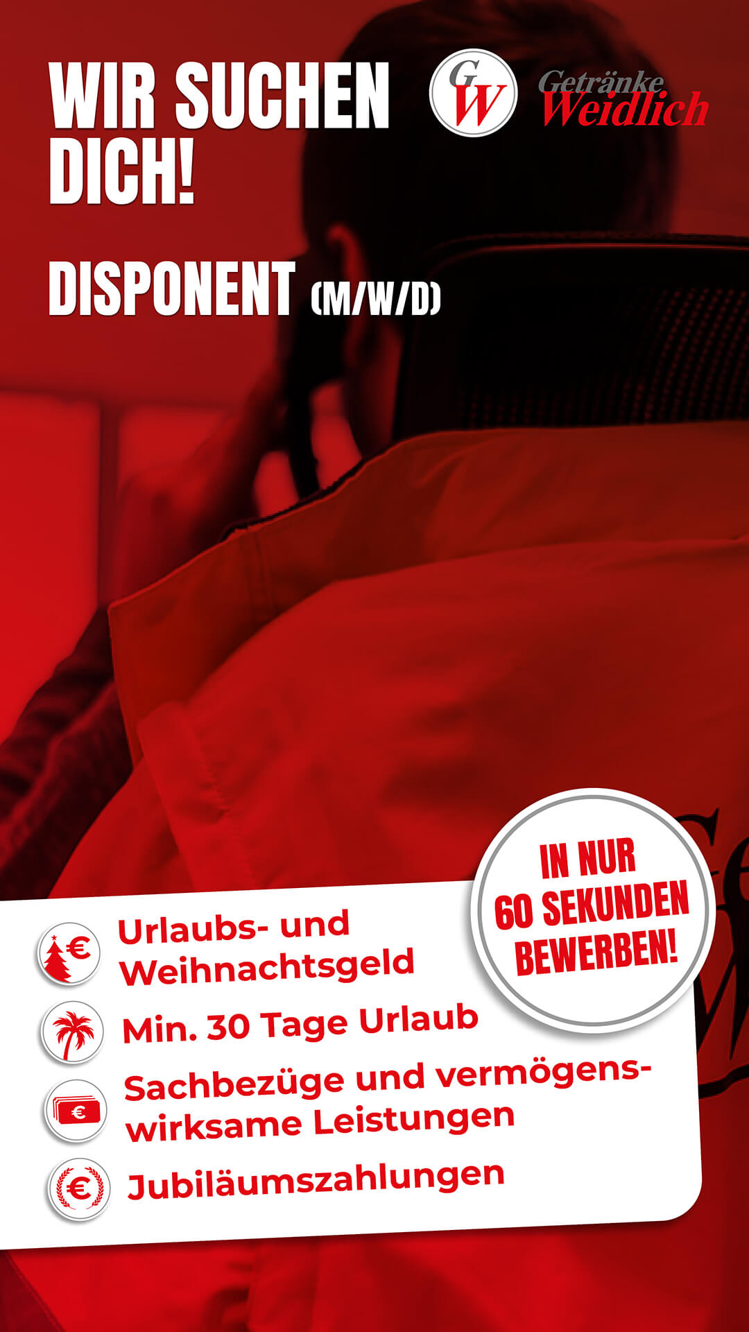 Stellenanzeige für Disponent bei Getränke Weidlich, Person am Schreibtisch, Benefits, "In nur 60 Sekunden bewerben!"