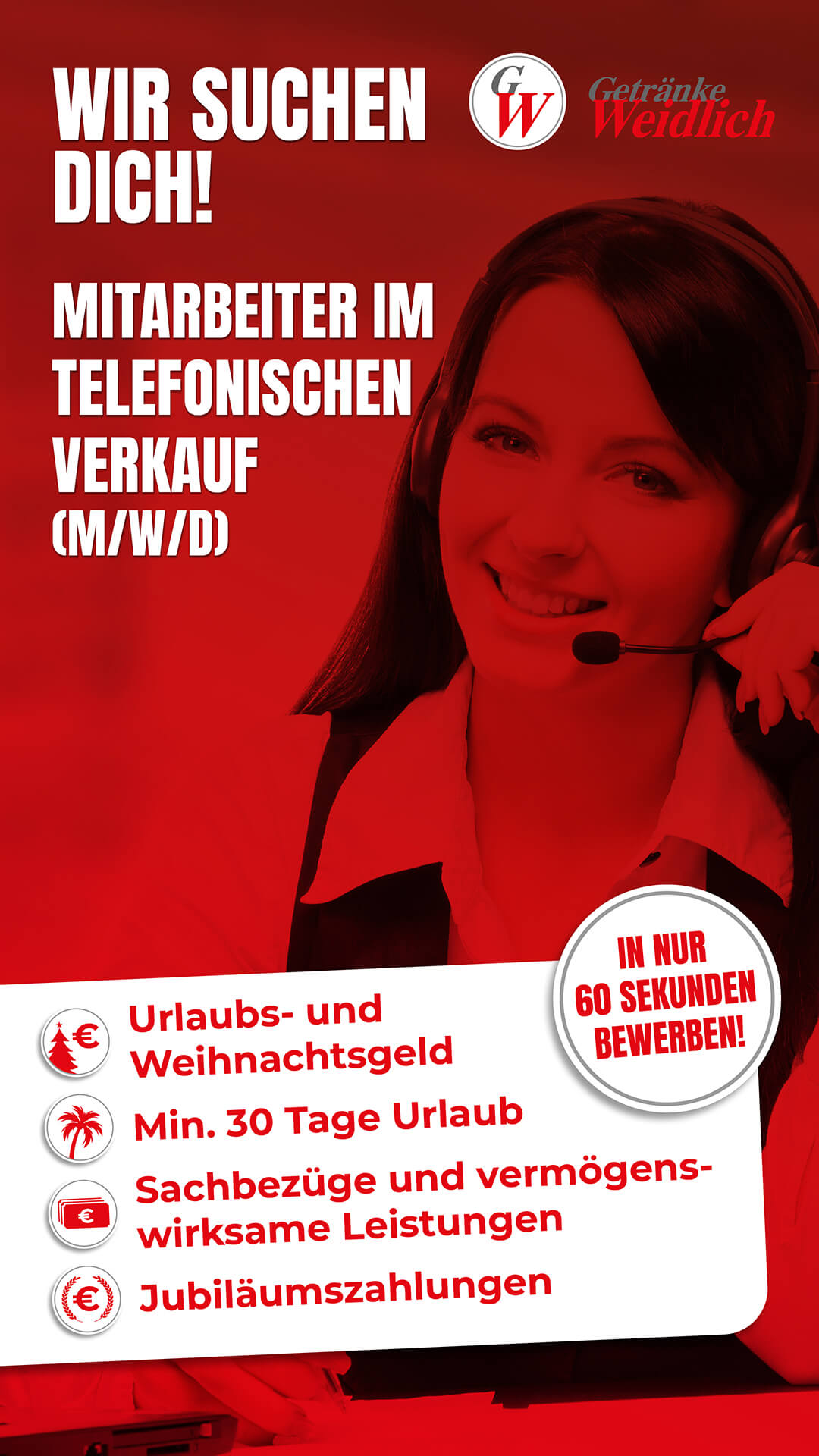 Stellenanzeige für telefonischen Verkauf bei Getränke Weidlich, Mitarbeiterin mit Headset, Benefits, "In nur 60 Sekunden bewerben!"