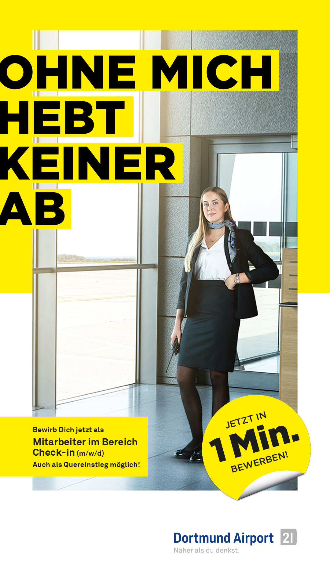 Stellenanzeige für Check-in Bereich, Mitarbeiterin im Flughafengebäude, Text "Ohne mich hebt keiner ab", Dortmund Airport