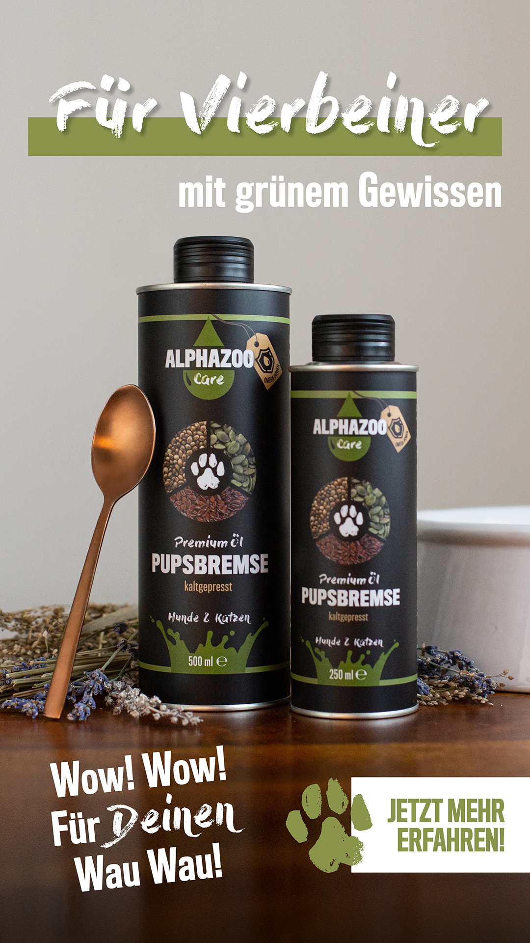 Produkt "Pupsbremse" von ALPHAZOO, 'Für Vierbeiner, mit grünem Gewissen', 'Wow! Wow! Für Deinen Wau Wau!' 'Jetzt Mehr erfahren'