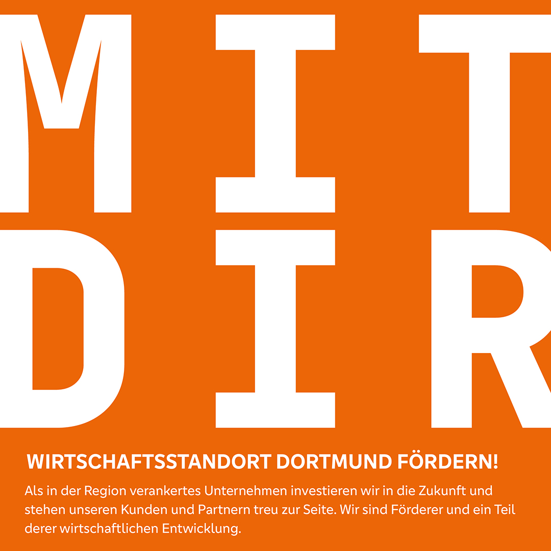 Großbuchstaben "MIT DIR" auf orangenem Hintergrund, Informationstext zum Mitgliedsprogramm der Dortmunder Volksbank