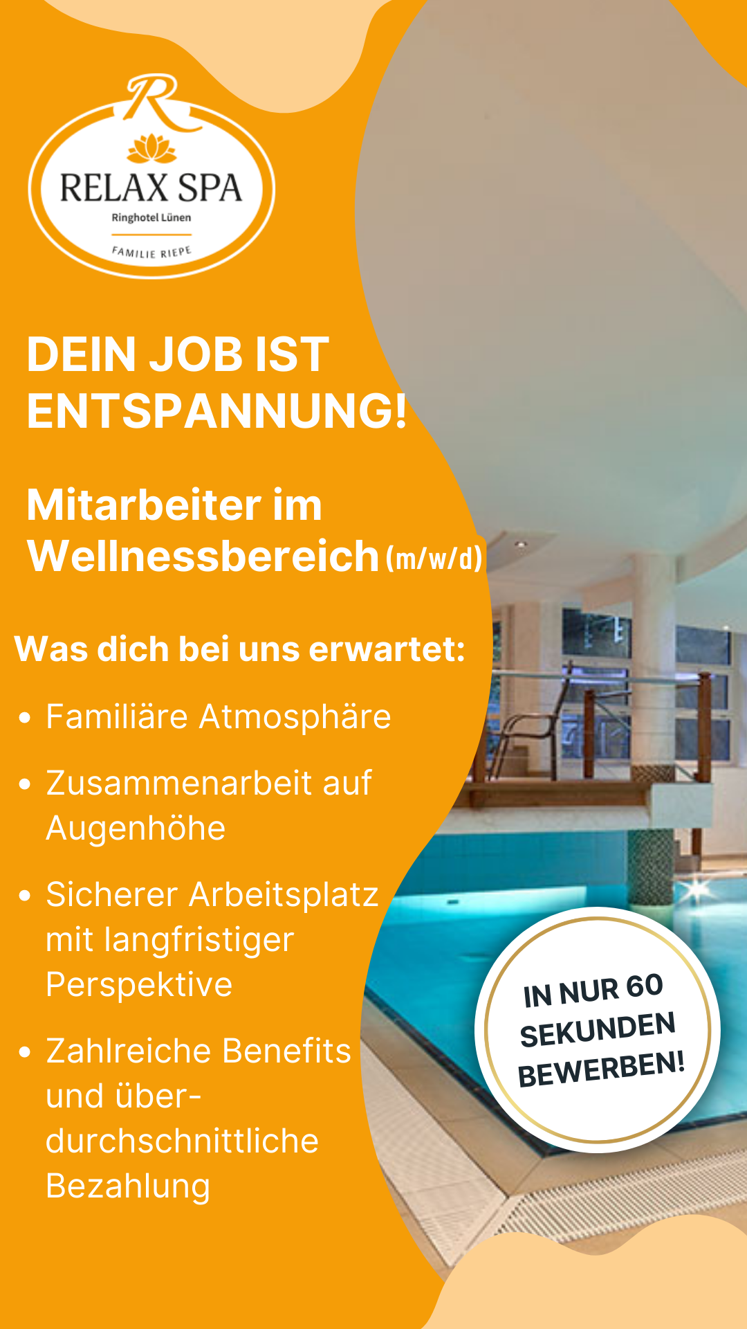 Stellenanzeige, RELAX SPA, "Dein Job ist Entspannung! Mitarbeiter im Wellnessbereich", Weißer Kreis in der unteren rechten Ecke Text 'In nur 60 Sekunden bewerben!'